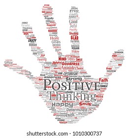 Vector conceptual positive thinking, happy strong attitude hand print stamp word cloud isolated on background. Collage of optimism smile, faith, courageous goals, goodness or happiness inspiration