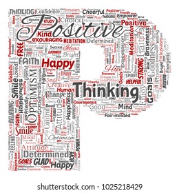 Vector conceptual positive thinking, happy strong attitude letter font P word cloud isolated on background. Collage of optimism smile, faith, courageous goals, goodness or happiness inspiration