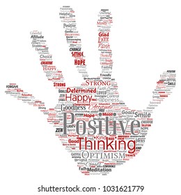 Vector conceptual positive thinking, happy strong attitude hand print stamp word cloud isolated on background. Collage of optimism smile, faith, courageous goals, goodness or happiness inspiration