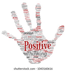 Vector conceptual positive thinking, happy strong attitude hand print stamp word cloud isolated on background. Collage of optimism smile, faith, courageous goals, goodness or happiness inspiration