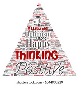 Pensamiento positivo conceptual vectorial, actitud feliz fuerte triángulo de flecha de la palabra nube aislada en el fondo. Collage de sonrisa de optimismo, fe, objetivos valientes, bondad o inspiración de felicidad