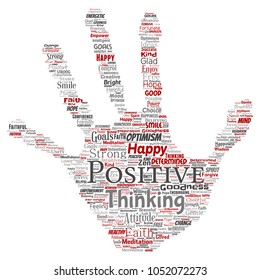 Vektor konzeptuelles positives Denken, glückliche starke Haltung Hand drucken Stempel Wort Cloud einzeln auf dem Hintergrund. Collage of optimism Lächeln, Glauben, mutige Ziele, Güte oder Glück Inspiration