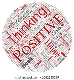 Vector conceptual positive thinking, happy strong attitude round circle red word cloud isolated on background. Collage of optimism smile, faith, courageous goals, goodness or happiness inspiration