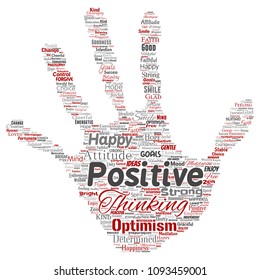 Vector conceptual positive thinking, happy strong attitude hand print stamp word cloud isolated on background. Collage of optimism smile, faith, courageous goals, goodness or happiness inspiration