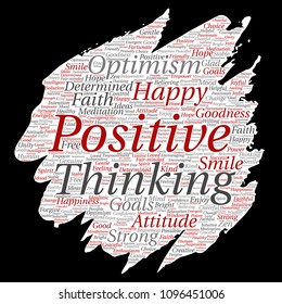 Vector conceptual positive thinking, happy strong attitude paint brush paper word cloud isolated on background. Collage of optimism smile, faith, courageous goals, goodness or happiness inspiration