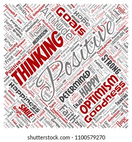 Vector conceptual positive thinking, happy strong attitude square red word cloud isolated on background. Collage of optimism smile, faith, courageous goals, goodness or happiness inspiration