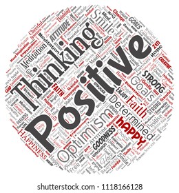 Vector conceptual positive thinking, happy strong attitude round circle red word cloud isolated on background. Collage of optimism smile, faith, courageous goals, goodness or happiness inspiration