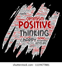 Vector conceptual positive thinking, happy strong attitude paint brush paper word cloud isolated on background. Collage of optimism smile, faith, courageous goals, goodness or happiness inspiration