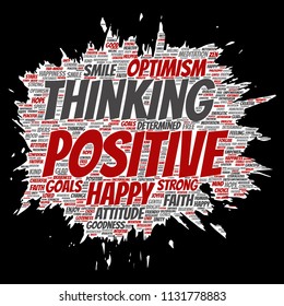 Vector conceptual positive thinking, happy strong attitude paint brush paper word cloud isolated on background. Collage of optimism smile, faith, courageous goals, goodness or happiness inspiration