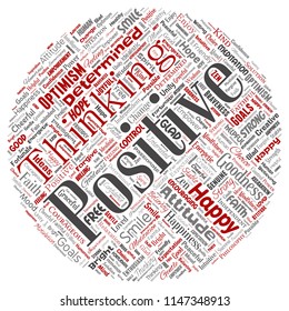 Vector conceptual positive thinking, happy strong attitude round circle red word cloud isolated on background. Collage of optimism smile, faith, courageous goals, goodness or happiness inspiration