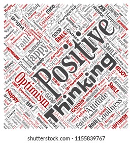 Vektor konzeptuelles positives Denken, glückliche starke Haltung quadratische rote Wörter Wolke einzeln auf dem Hintergrund. Collage of optimism Lächeln, Glauben, mutige Ziele, Güte oder Glück Inspiration