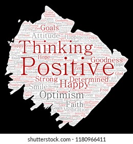 Pensamiento positivo conceptual vectorial, actitud fuerte feliz pincel pincel de papel nube de palabras aisladas en el fondo. Collage de sonrisa de optimismo, fe, objetivos valientes, bondad o inspiración de felicidad
