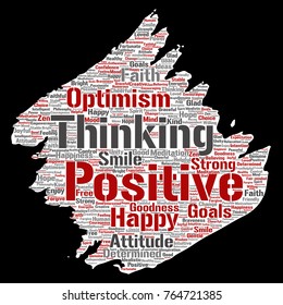 Vector conceptual positive thinking, happy strong attitude paint brush paper word cloud isolated on background. Collage of optimism smile, faith, courageous goals, goodness or happiness inspiration