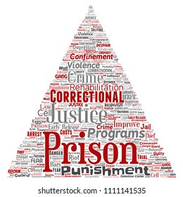 Prisión conceptual vectorial, justicia, triángulo de crimen flecha nube de palabras rojas aislado fondo. Collage del castigo, ley, derechos, social, autoridad, sistema, civil, juicio, rehabilitación, concepto de libertad