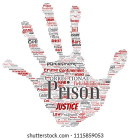 Prisión conceptual vectorial, justicia, estampado de la mano del crimen palabra nube aislado fondo. Collage del castigo, ley, derechos, social, autoridad, sistema, civil, juicio, rehabilitación, concepto de libertad