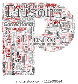 Vector conceptual prison, justice, crime letter font P red word cloud isolated background. Collage of punishment, law, rights, social, authority, system, civil, trial, rehabilitation, freedom concept