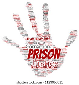 Prisión conceptual vectorial, justicia, estampado de la mano del crimen palabra nube aislado fondo. Collage del castigo, ley, derechos, social, autoridad, sistema, civil, juicio, rehabilitación, concepto de libertad