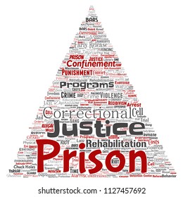 Vector conceptual prison, justice, crime triangle arrow red word cloud isolated background. Collage of punishment, law, rights, social, authority, system, civil, trial, rehabilitation, freedom concept