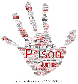 Vector Conceptual Prison, Justice, Crime Hand Print Stamp Word Cloud Isolated Background. Collage Of Punishment, Law, Rights, Social, Authority, System, Civil, Trial, Rehabilitation, Freedom Concept