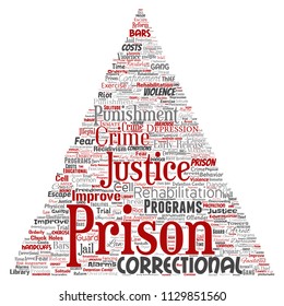 Prisión conceptual vectorial, justicia, triángulo de crimen flecha nube de palabras rojas aislado fondo. Collage del castigo, ley, derechos, social, autoridad, sistema, civil, juicio, rehabilitación, concepto de libertad