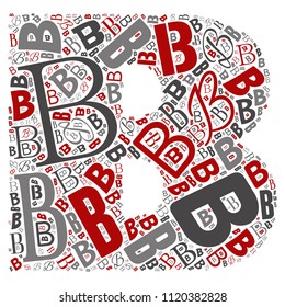 Letra vectorial de educación divertida, teñida de color rojo, gris y negro, hecha de colección de letras o grupo sobre formas de caracteres aisladas en fondo blanco. Diseño de elementos de aprendizaje de arte moderno