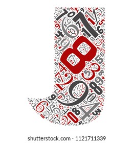 Vector conceptual red, gray and black playful funny education font made of number collection or group on character shapes isolated on white background. A modern art alphabet learning element design