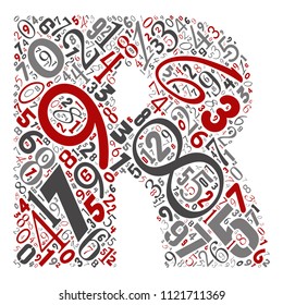 Vektorkonzeptuell rote, graue und schwarze spielerische lustige Bildungs-Schriftart aus Zahlensammlung oder Gruppe auf Zeichenformen einzeln auf weißem Hintergrund. Ein modernes Design für das Lernen von Alphabeten