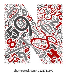 Tipo de letra de educación divertida, teñida de color rojo, gris y negro, de colección de números o grupo sobre formas de caracteres aisladas en fondo blanco. Diseño de elementos de aprendizaje de arte moderno