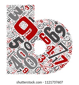 Vector conceptual red, gray and black playful funny education font made of number collection or group on character shapes isolated on white background. A modern art alphabet learning element design