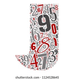 Vector conceptual red, gray and black playful funny education font made of number collection or group on character shapes isolated on white background. A modern art alphabet learning element design