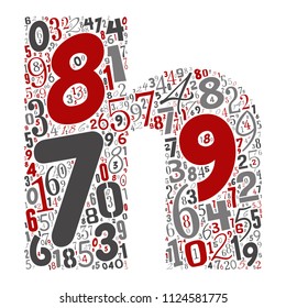 Vector conceptual red, gray and black playful funny education font made of number collection or group on character shapes isolated on white background. A modern art alphabet learning element design