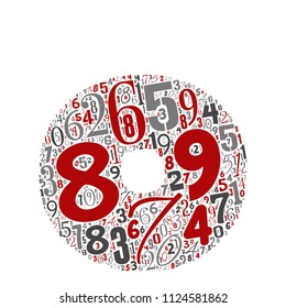 Vector conceptual red, gray and black playful funny education font made of number collection or group on character shapes isolated on white background. A modern art alphabet learning element design