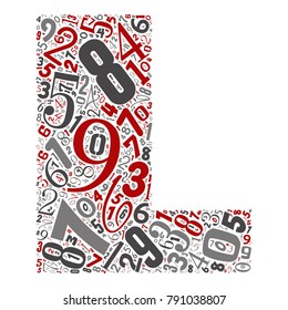 Vector conceptual red, gray and black playful funny education font made of number collection or group on character shapes isolated on white background. A modern art alphabet learning element design