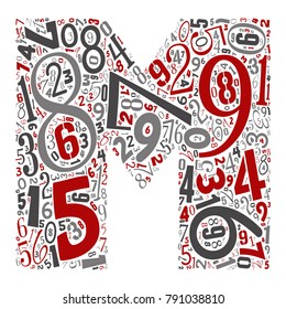 Vector conceptual red, gray and black playful funny education font made of number collection or group on character shapes isolated on white background. A modern art alphabet learning element design
