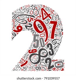 Vector conceptual red, gray and black playful funny education font made of number collection or group on character shapes isolated on white background. A modern art alphabet learning element design
