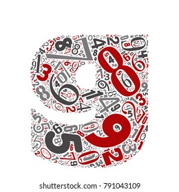 Vector conceptual red, gray and black playful funny education font made of number collection or group on character shapes isolated on white background. A modern art alphabet learning element design