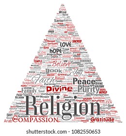 Vector conceptual religion, god, faith, spirituality triangle arrow red  word cloud isolated background. Collage of worship, love, prayer, belief, gratitude, hope divine symbol, spirit, church concept