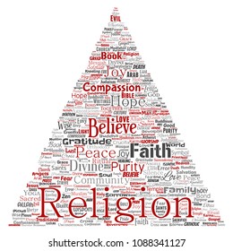 Vector conceptual religion, god, faith, spirituality triangle arrow red  word cloud isolated background. Collage of worship, love, prayer, belief, gratitude, hope divine symbol, spirit, church concept