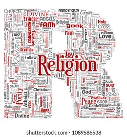 Vector conceptual religion, god, faith, spirituality letter font R red  word cloud isolated background. Collage of worship, love, prayer, belief, gratitude, hope, divine symbol, spirit, church concept