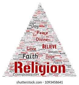 Vector conceptual religion, god, faith, spirituality triangle arrow red  word cloud isolated background. Collage of worship, love, prayer, belief, gratitude, hope, divine, spirit, church concept