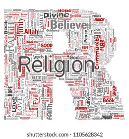 Vector conceptual religion, god, faith, spirituality letter font R red  word cloud isolated background. Collage of worship, prayer, belief, gratitude, hope, divine, symbol, spirit, church concept