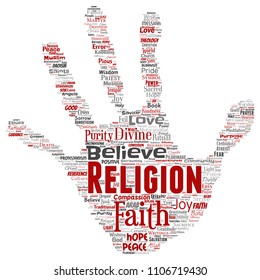 Vector conceptual religion, god, faith, spirituality hand print stamp  word cloud isolated background. Collage of worship, love, prayer, belief, gratitude, hope, divine, symbol, spirit, church concept