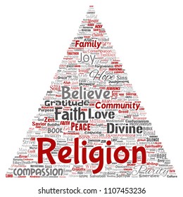 Vector conceptual religion, god, faith, spirituality triangle arrow red  word cloud isolated background. Collage of worship, love, prayer, belief, gratitude,  divine, symbol, spirit, church concept