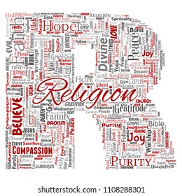 Vector conceptual religion, god, faith, spirituality letter font R red  word cloud isolated background. Collage of worship, prayer, belief, gratitude, hope, divine, symbol, spirit, church concept