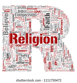 Vector conceptual religion, god, faith, spirituality letter font R red  word cloud isolated background. Collage of worship, love, prayer, belief, gratitude,  divine, symbol, spirit, church concept