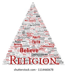 Vector conceptual religion, god, faith, spirituality triangle arrow red  word cloud isolated background. Collage of worship, prayer, belief, gratitude, hope, divine, symbol, spirit, church concept
