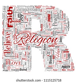 Vector conceptual religion, god, faith, spirituality letter font R red  word cloud isolated background. Collage of worship, prayer, belief, gratitude, hope, divine, symbol, spirit, church concept