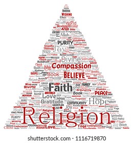 Vector conceptual religion, god, faith, spirituality triangle arrow red  word cloud isolated background. Collage of worship, prayer, belief, gratitude, hope, divine, symbol, spirit, church concept