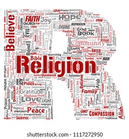 Vector conceptual religion, god, faith, spirituality letter font R red  word cloud isolated background. Collage of worship, prayer, belief, gratitude, hope, divine, symbol, spirit, church concept