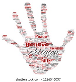 Vector conceptual religion, god, faith, spirituality hand print stamp  word cloud isolated background. Collage of worship, love, prayer, belief, gratitude, hope, divine, symbol, spirit, church concept